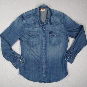 Levis Mens Denim Western Shirt Medium Wash Snap Front Long Sleeve 66986-0017 M
